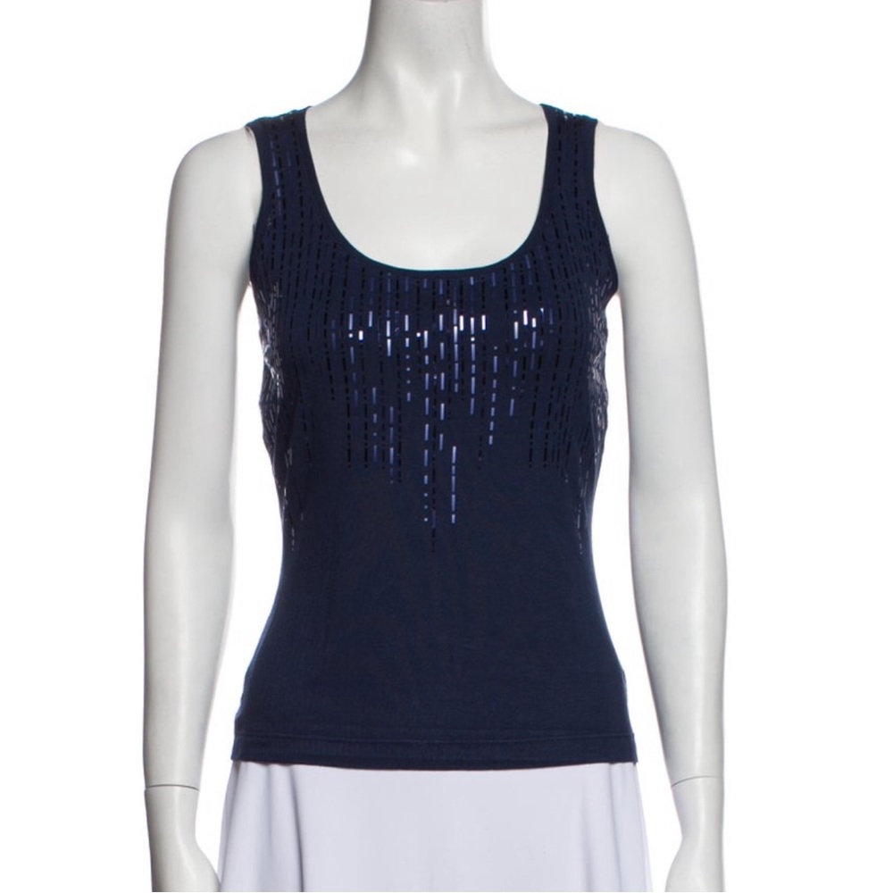 St. John Sequence Embellished Navy Blue Stretch Sleeveless Top size S